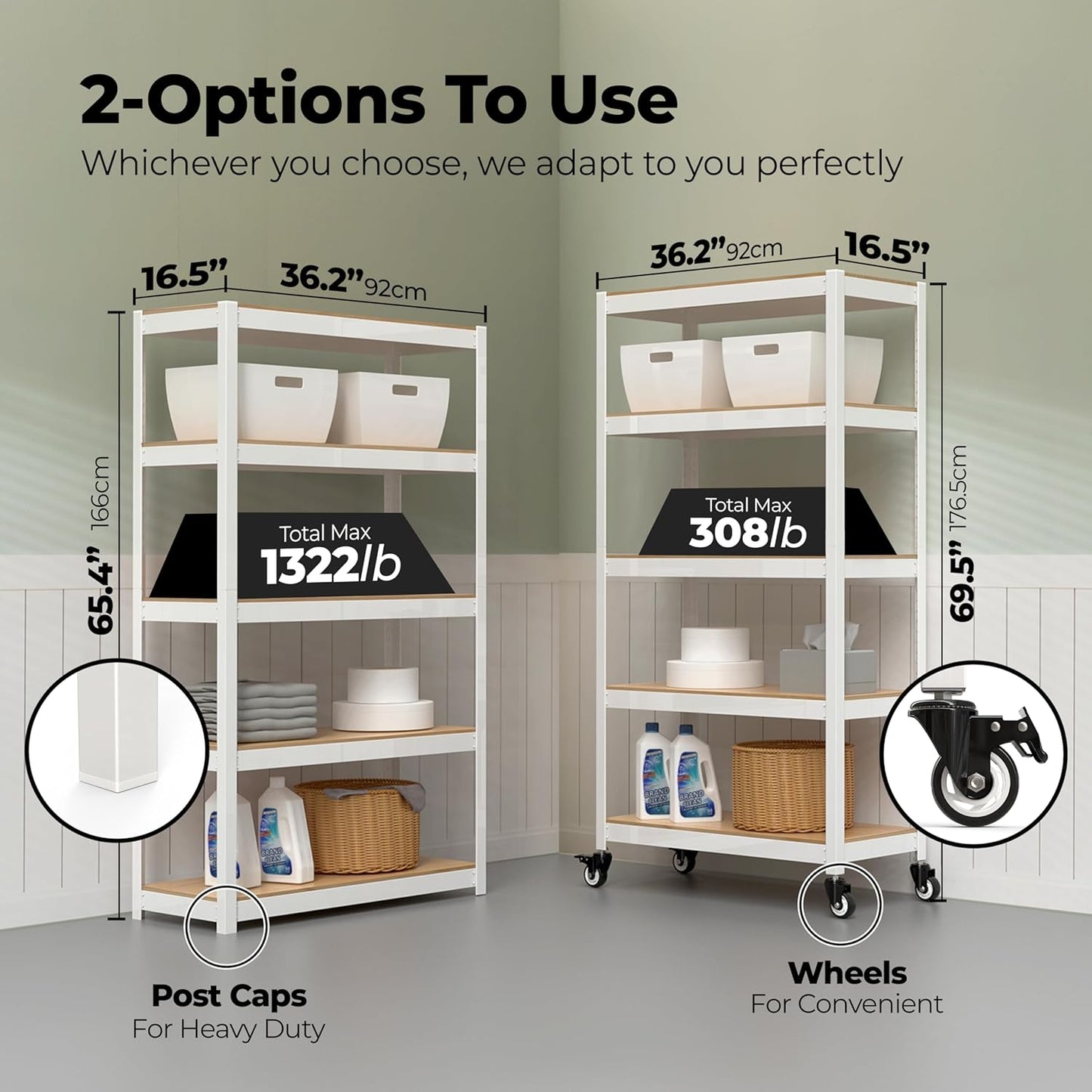 HOMEDANT House White 5-Tier Metal Rolling Cart Shelf Rack Casters Heavy Duty Wheel Shelving Unit Adjustable Utility Storage Shelves Organizer Shelf Kitchen Garage 36.2" W x 16.5" D x 69.5" H 4Pack