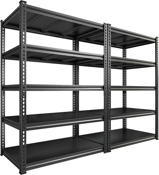 REIBII 72" H Garage Shelving Load 2500 LBS, Heavy Duty Storage Shelves, 5-Tier Adjustable Garage Shelves for Warehouse, Basement, 72" H x36 W x18 D, Black, 2 Pack