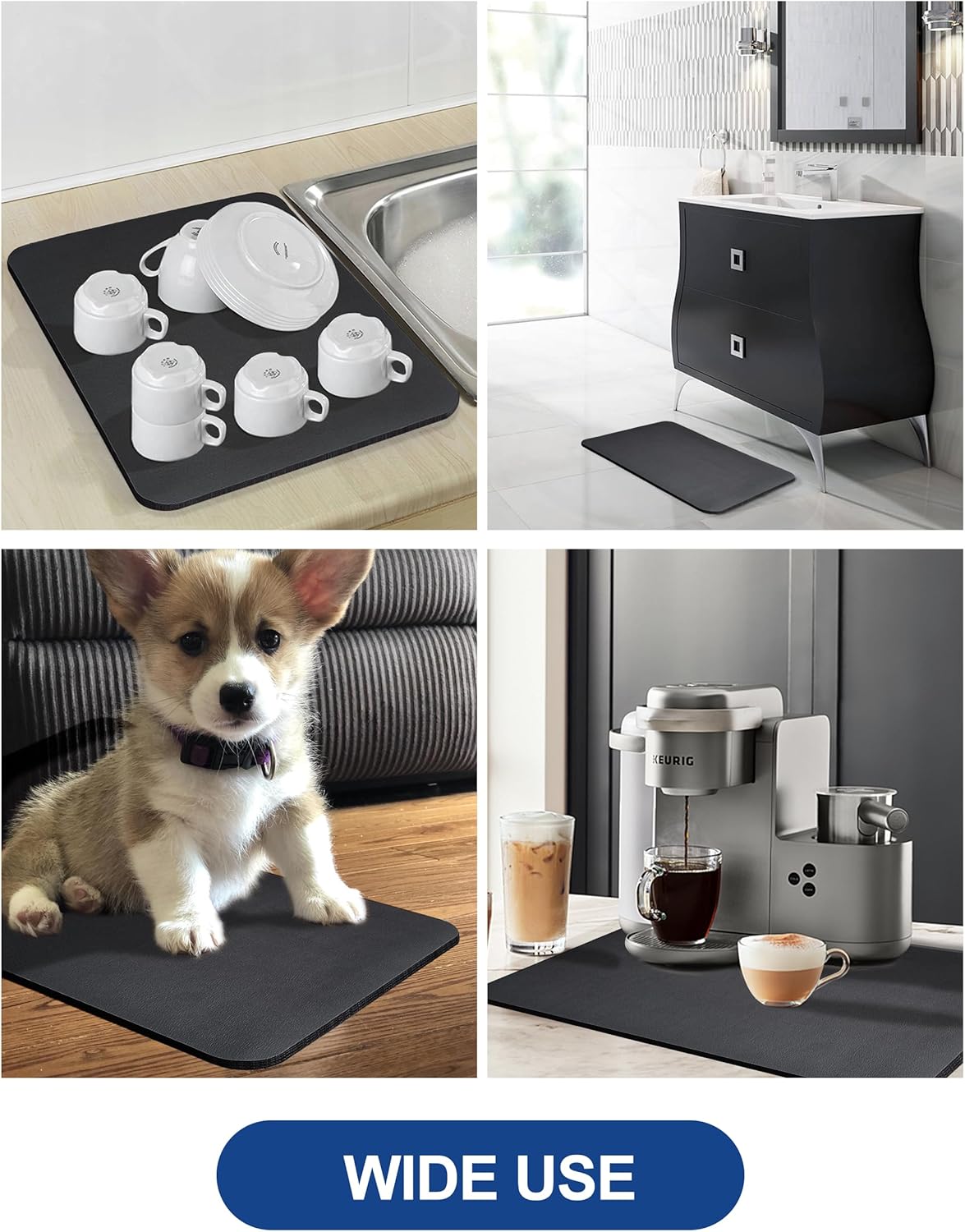 Dish Drying Mat for Kitchen Counter, 17"x31.5" Dish Drying Pad with Non-slip Rubber Backed, Hide Stain Anti Absorbent for Kitchen Counter, Drying Mat for Coffee Machine Dish Rack (Black)