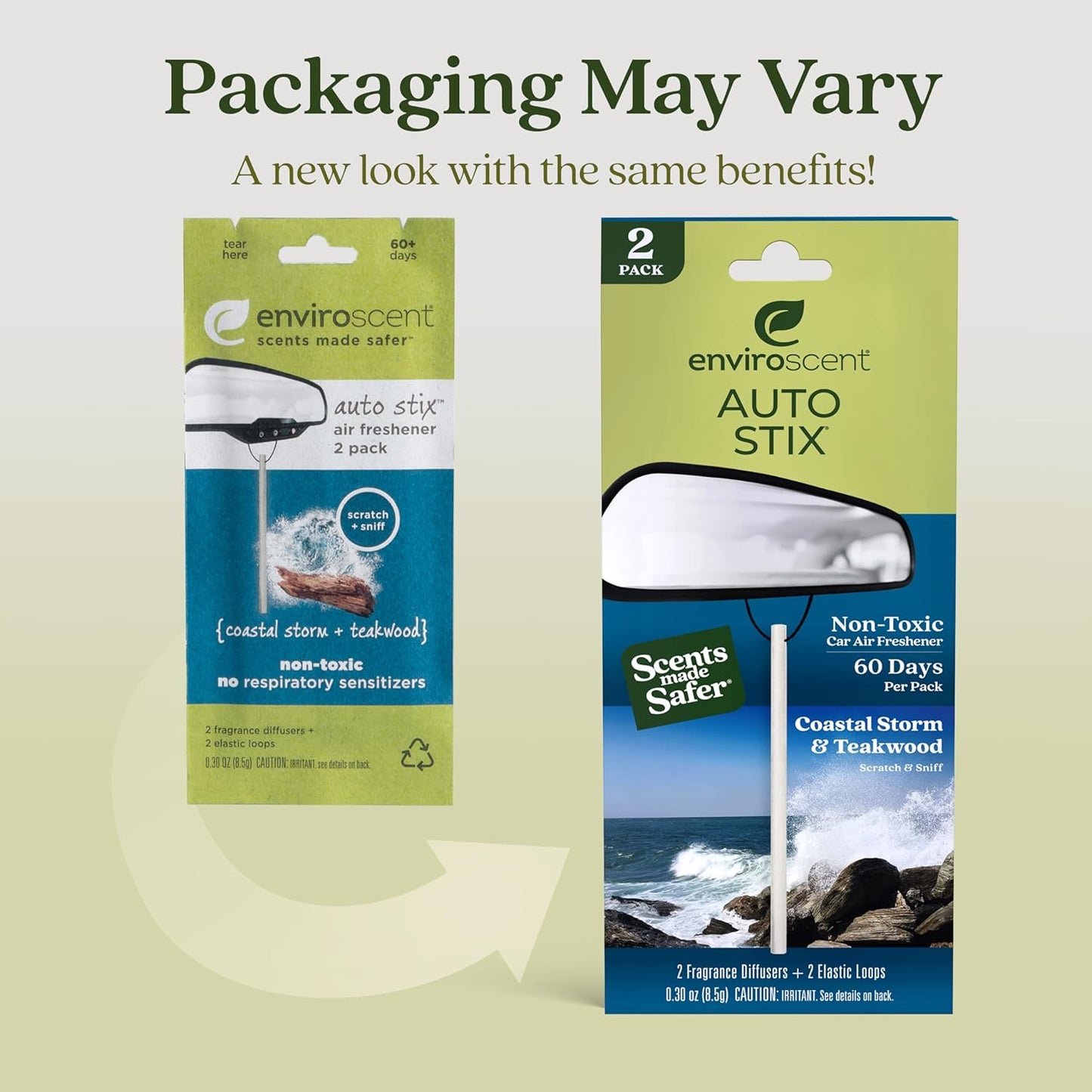 Enviroscent Non-Toxic Car Air Freshener (Coastal Storm & Teakwood) Natural Car Air Freshener | Essential Oil Diffuser | Car Scent Lasting Over 180 Days | 3 Packs of 2 Hanging Auto Stix