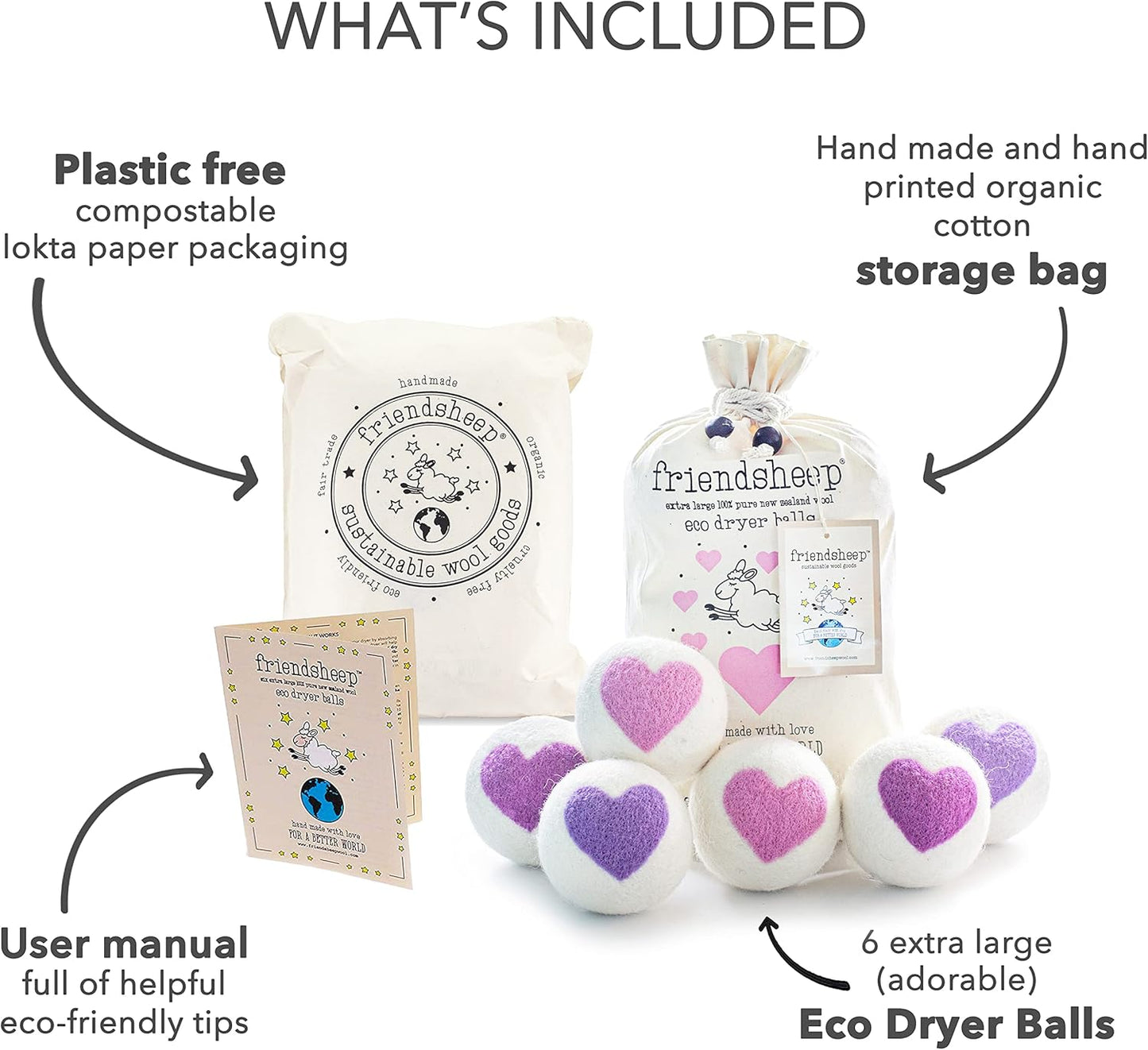 Friendsheep Organic Wool Dryer Balls Pink Purple Hearts 6 Pack XL Premium Reusable Cruelty Free Handmade Fair Trade No Lint Fabric Softener - Lovely Day