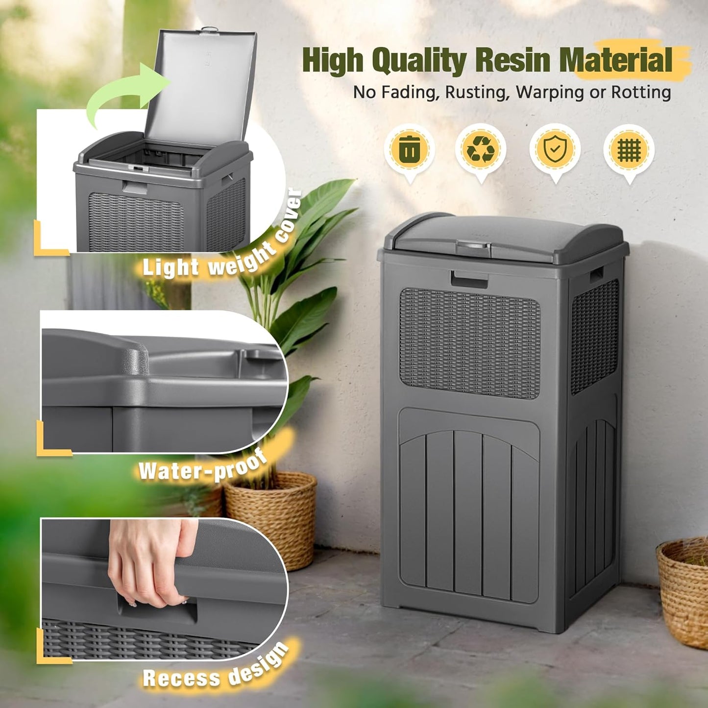 Devoko 33 Gallon Outdoor Trash Can with Dual Lid, Heavy Duty Waterproof Resin Garbage Bins Outside, Hideaway Waste Bins for Patio, Outside Pool, Backyard and Deck (2, Gray)