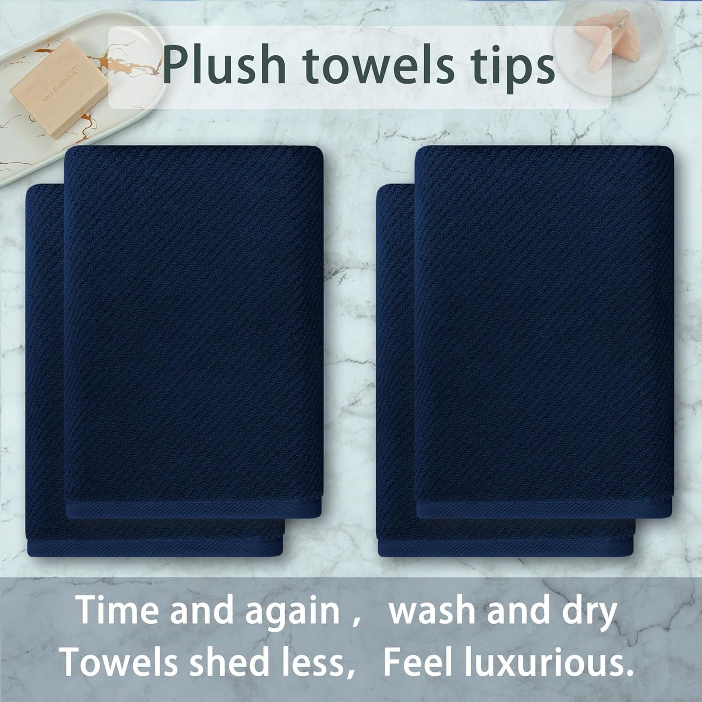 VOOVA & MOVAS Bath Towels, Large 30" x 56" - 100% Cotton | Quick Dry | Light Weight | Thick | Soft | Absorbent, 4PC Luxury Shower Towel Set for Bathroom, Towel Gift Set, Navy Blue