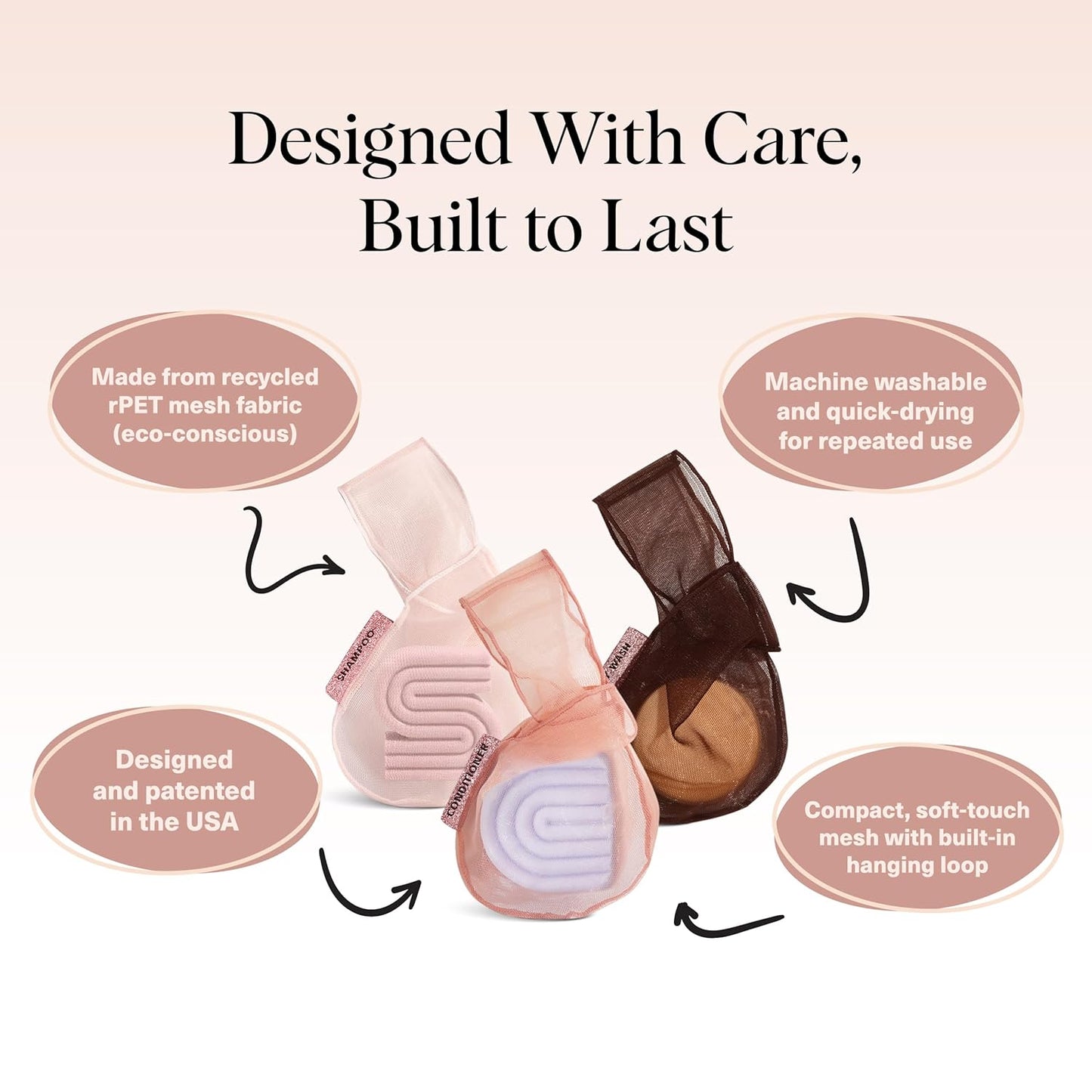 Kitsch Bar Soap Saver Bag – Patented Mesh Bag Soap Holder for Shampoo, Conditioner & Body Wash Bar - Extends Use & Prevents Soggy Mess - Recycled Mesh Pouch - Blush, Terracotta & Chocolate, 3pc Set