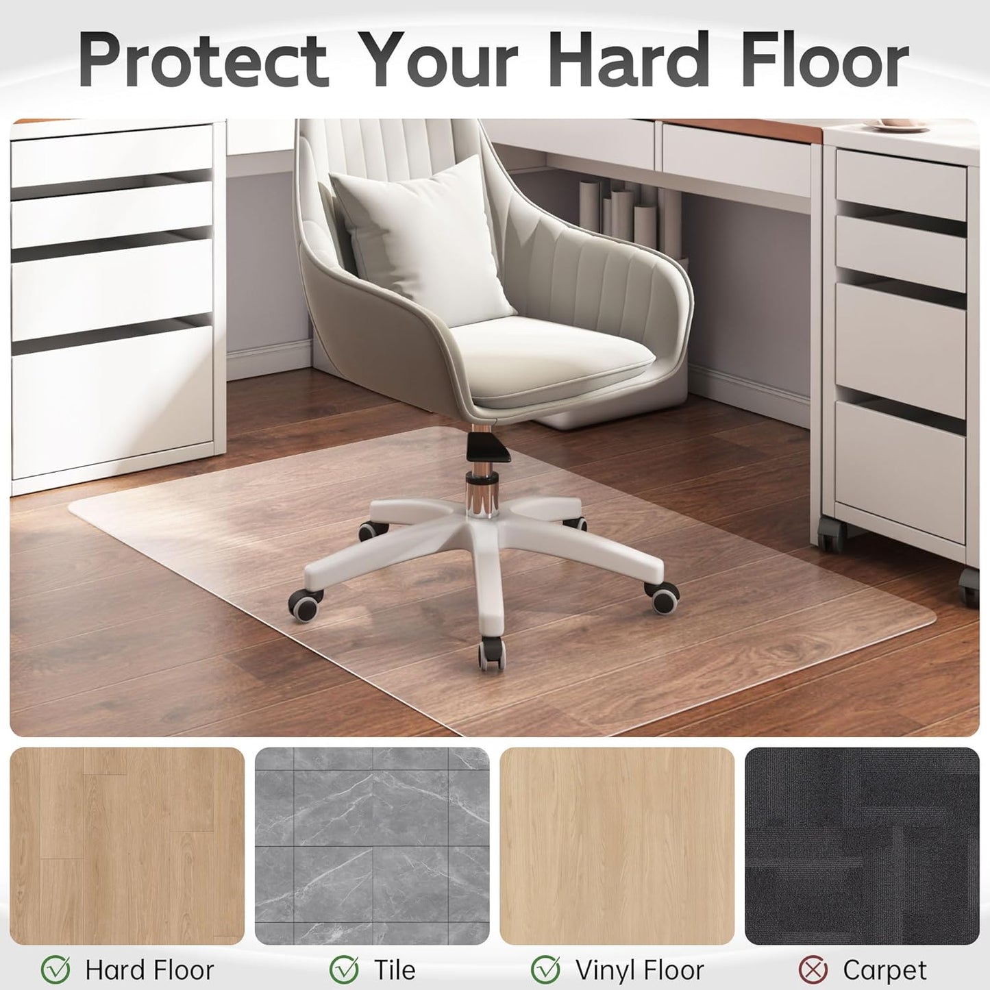 Crystal Clear Chair Mat for Hardwood Floor, 48” x 36” Office Chair Mat for Hard Floors, 1/8” Thick Office Mat for Rolling Chairs