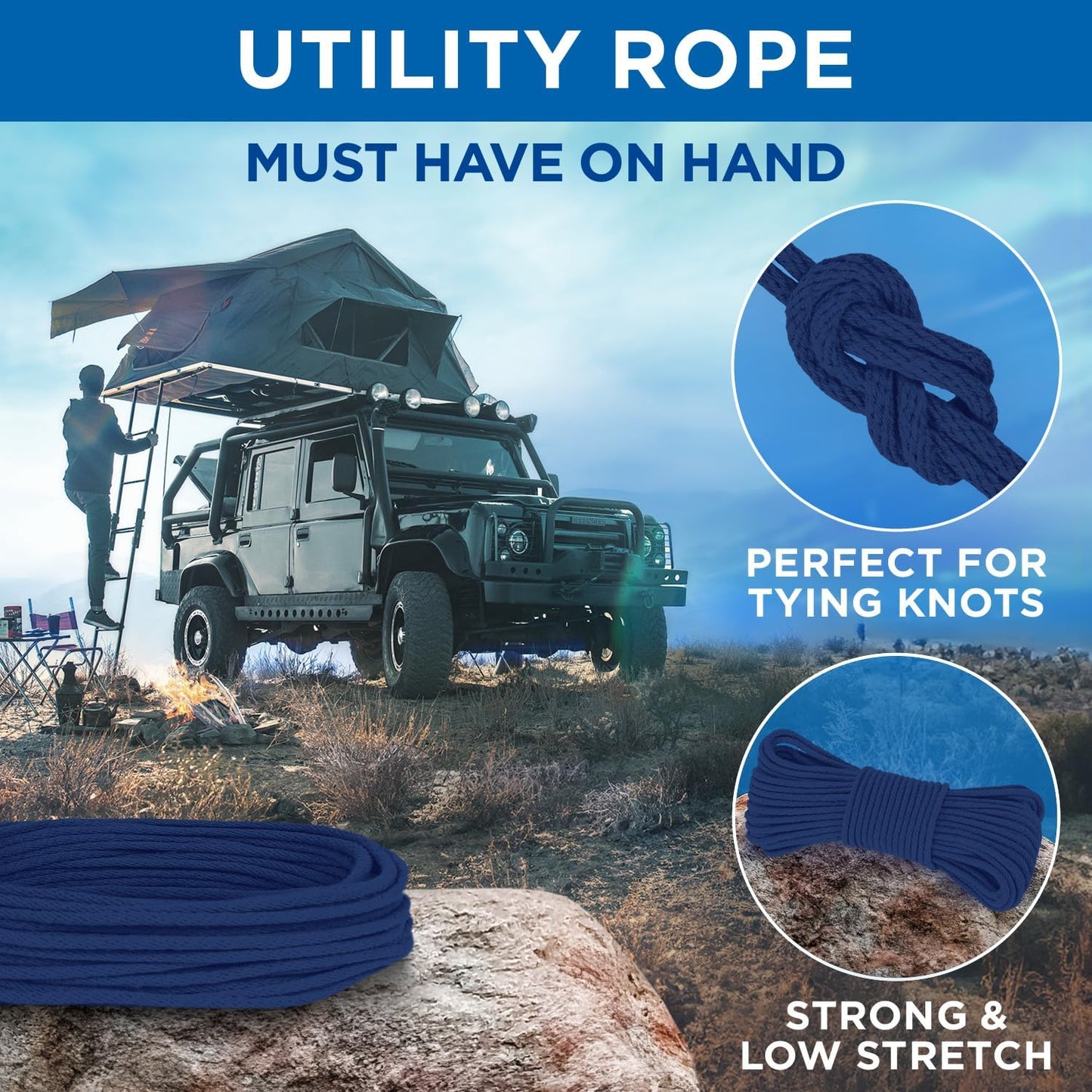 TECEUM Cotton Rope 3/16” (5 mm) – 100 FT – Strong All-Purpose Braided Rope – Natural Cotton – for Crafting, Сamping, Clothes Line, DIY, Indoor & Outdoor Use – Navy Blue