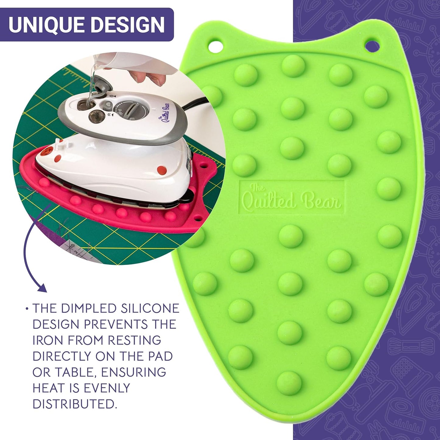 The Quilted Bear Mini Iron Rest - Silicone Heat Resistant Mat for Stress-Free Crafting, Sewing & Quilting Supplies - Durable and Protective Surface for Mini Iron (Lime Green)
