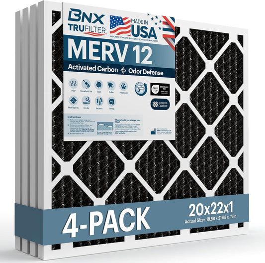 BNX TruFilter 20x22x1 MERV 12 Odor Defense (4-Pack) AC Furnace Air Filter with Activated Carbon - MADE IN USA - Pleated Air Conditioner HVAC AC Furnace Filters - Removes Odor, Mold, Bacteria, Smoke