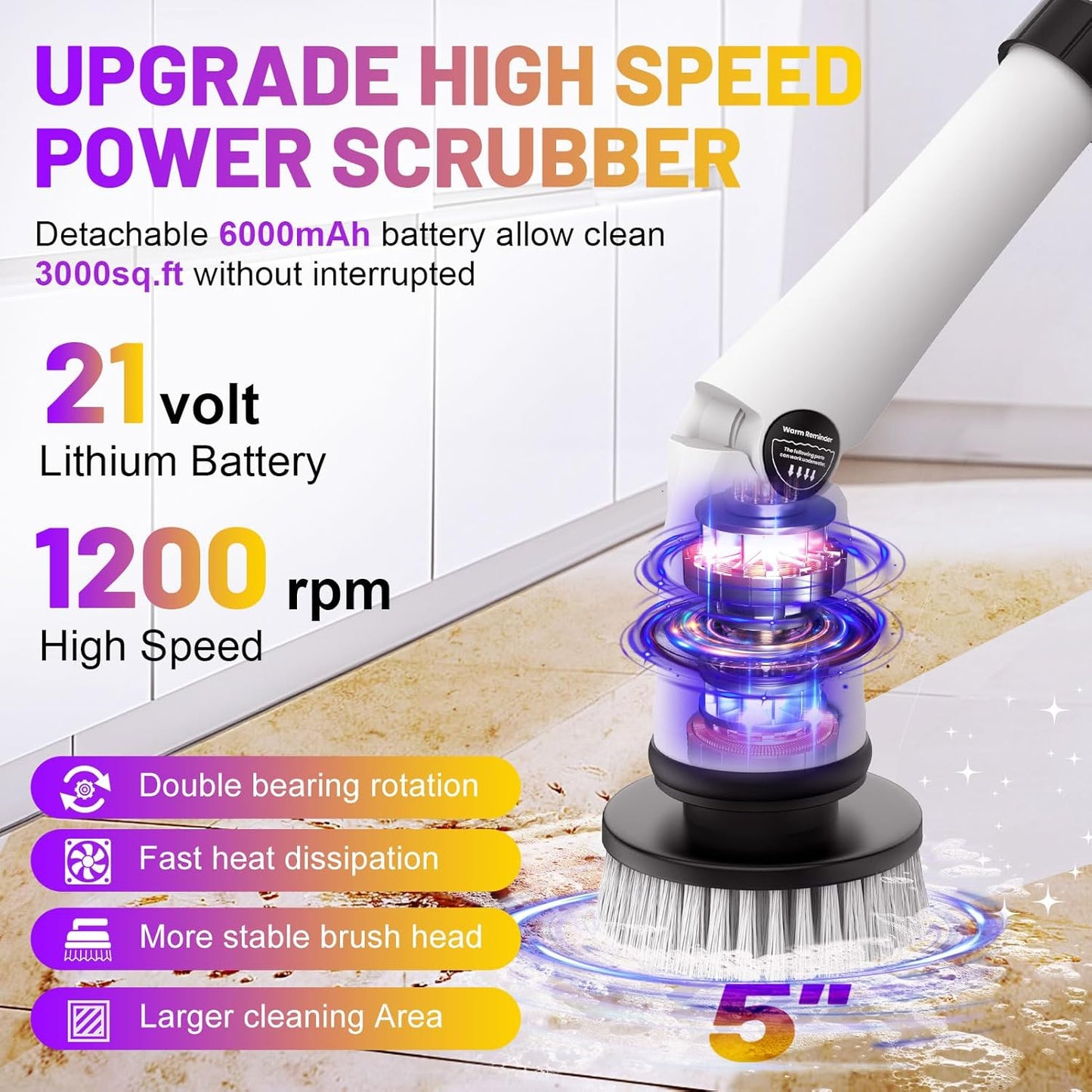 6000mAh Battery Electric Spin Scrubber 5inch Large Brush, Zordin Best Power Shower Scrubber for Cleaning, 1200RPM Cordless Cleaning Brush for Bathroom/Floor Grout Tile (8 Brushes)