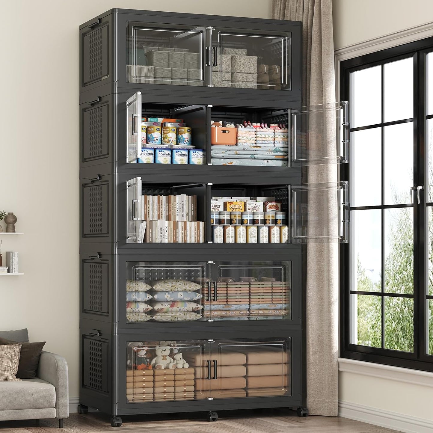 200GAL Storage Bins with Lid and Wheels, Stackable Closet Organizers and Storage Drawer, Collapsible Storage Box with Dividers, Foldable Plastic Cabinets Cubes Totes for Garage, 5 Pack Black