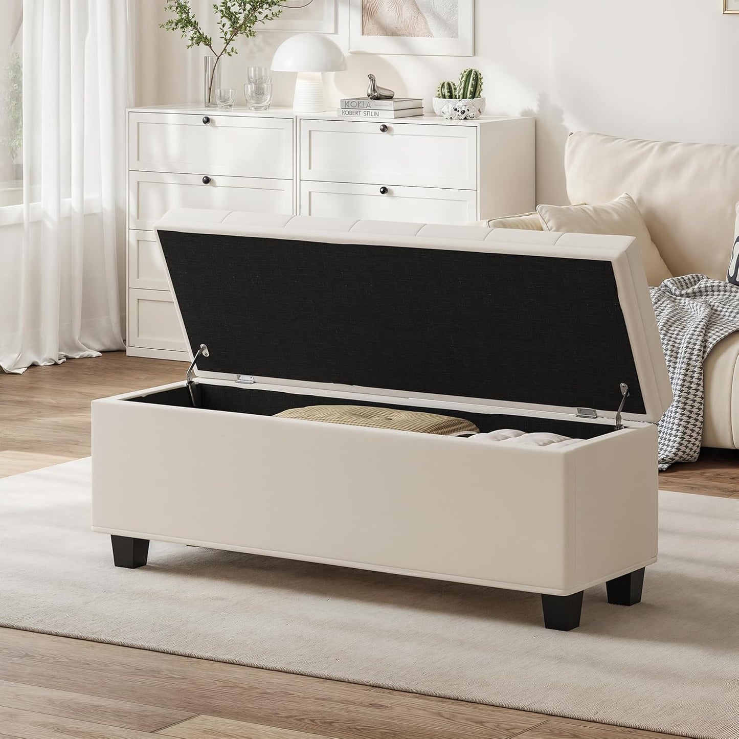 Maupvit Ottoman with Storage, Ottoman Bench with Lift Top, Upholstered Storage Bench with Hinged Lid, Bedroom Bench with Seating, Foot Rest Stool（Beige）