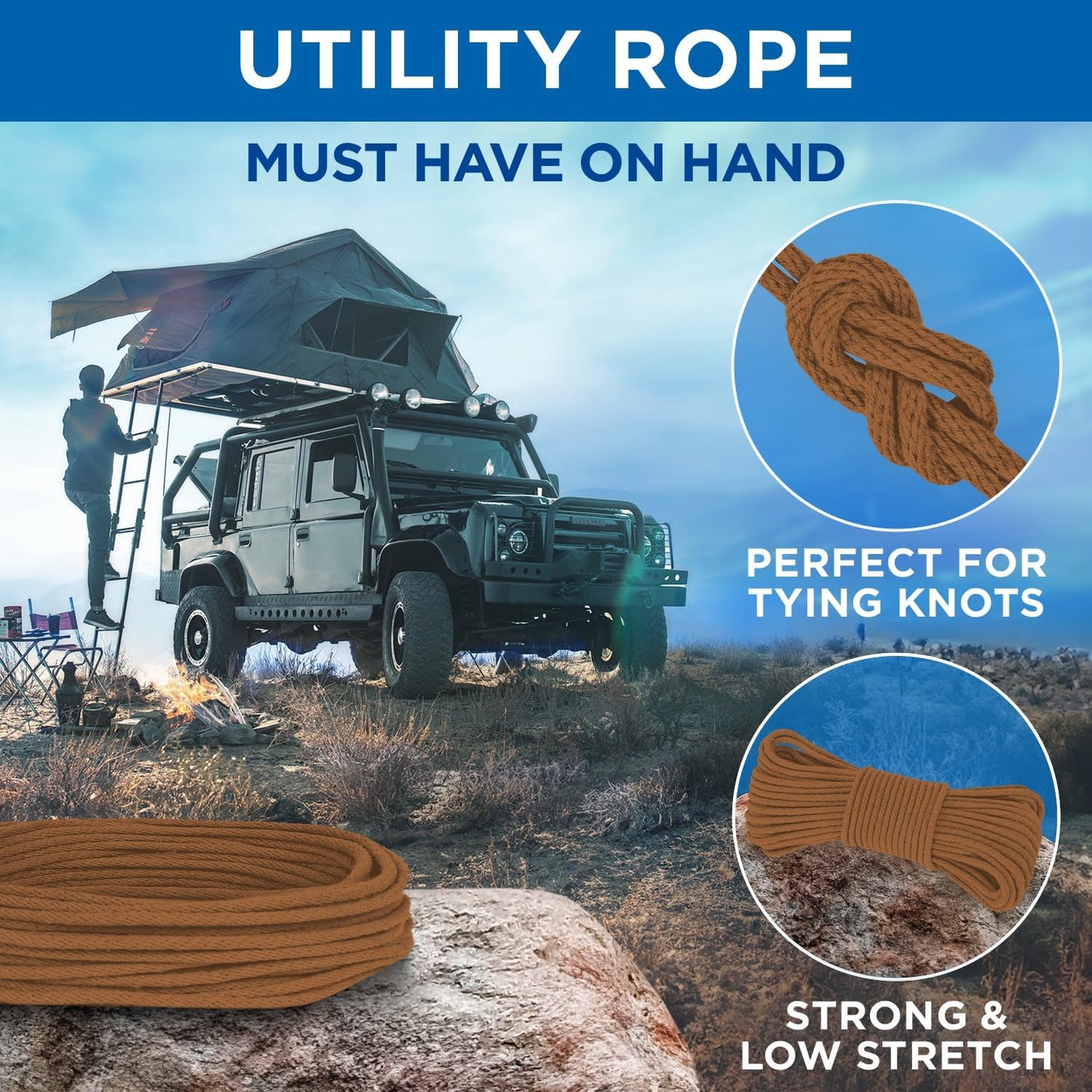 TECEUM Cotton Rope 3/16” (5 mm) – 100 FT – Strong All-Purpose Braided Rope – Natural Cotton – for Crafting, Сamping, Clothes Line, DIY, Indoor & Outdoor Use – Ochre