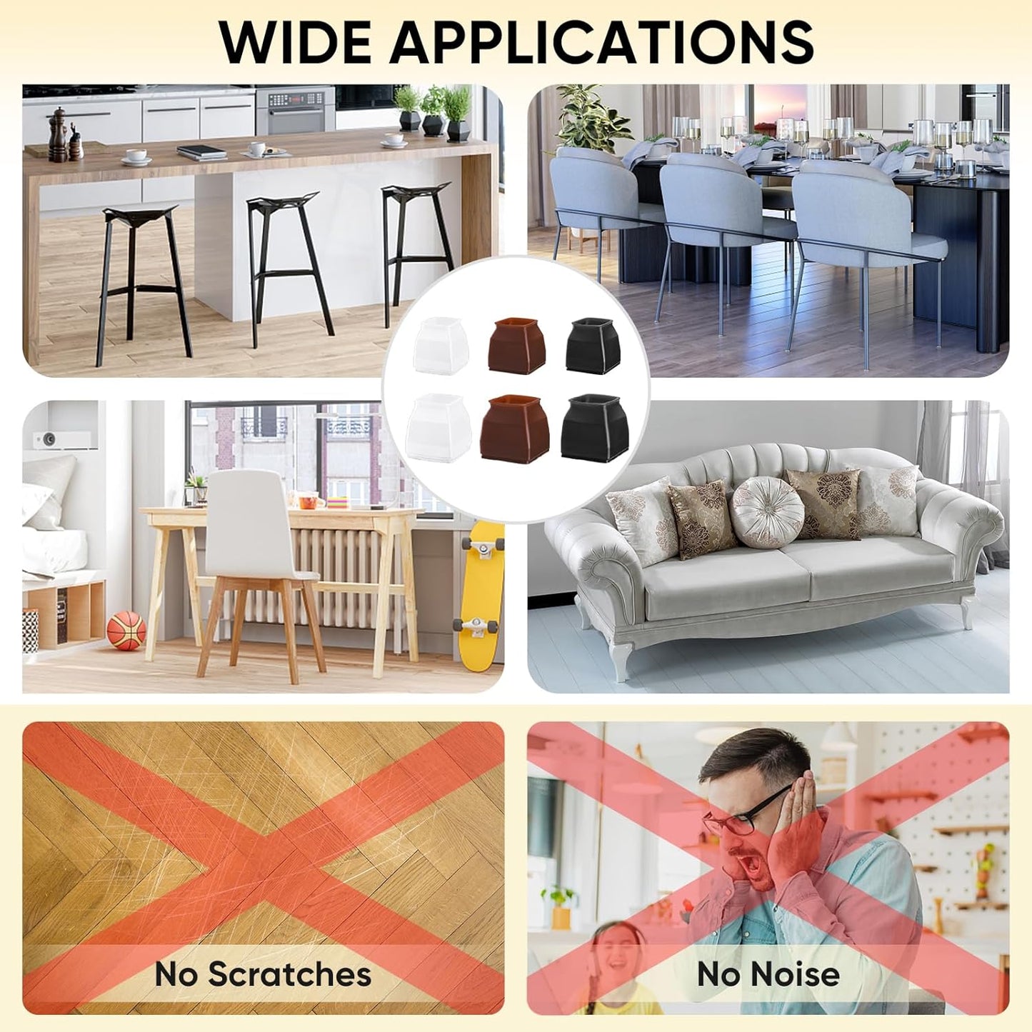 BALEINE 32 Pack Silicone Chair Leg Floor Protectors, Stool Leg Protectors Cap, Non-Slip Chair Leg Caps for Hardwood Floors (Black & Small (Square), 32 Pack)