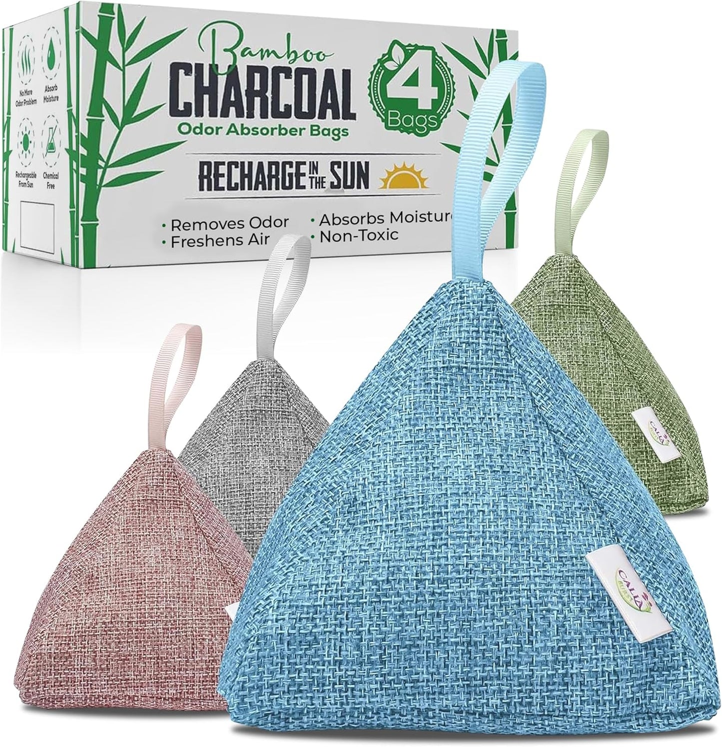 4 Pack Bamboo Charcoal Air Purifier Bags 200 Grams Each - Odor Absorber & Eliminator for Home, Car, Pets, Activated Charcoal Natural Freshener, Eco-Friendly & Reusable Designer Colors)
