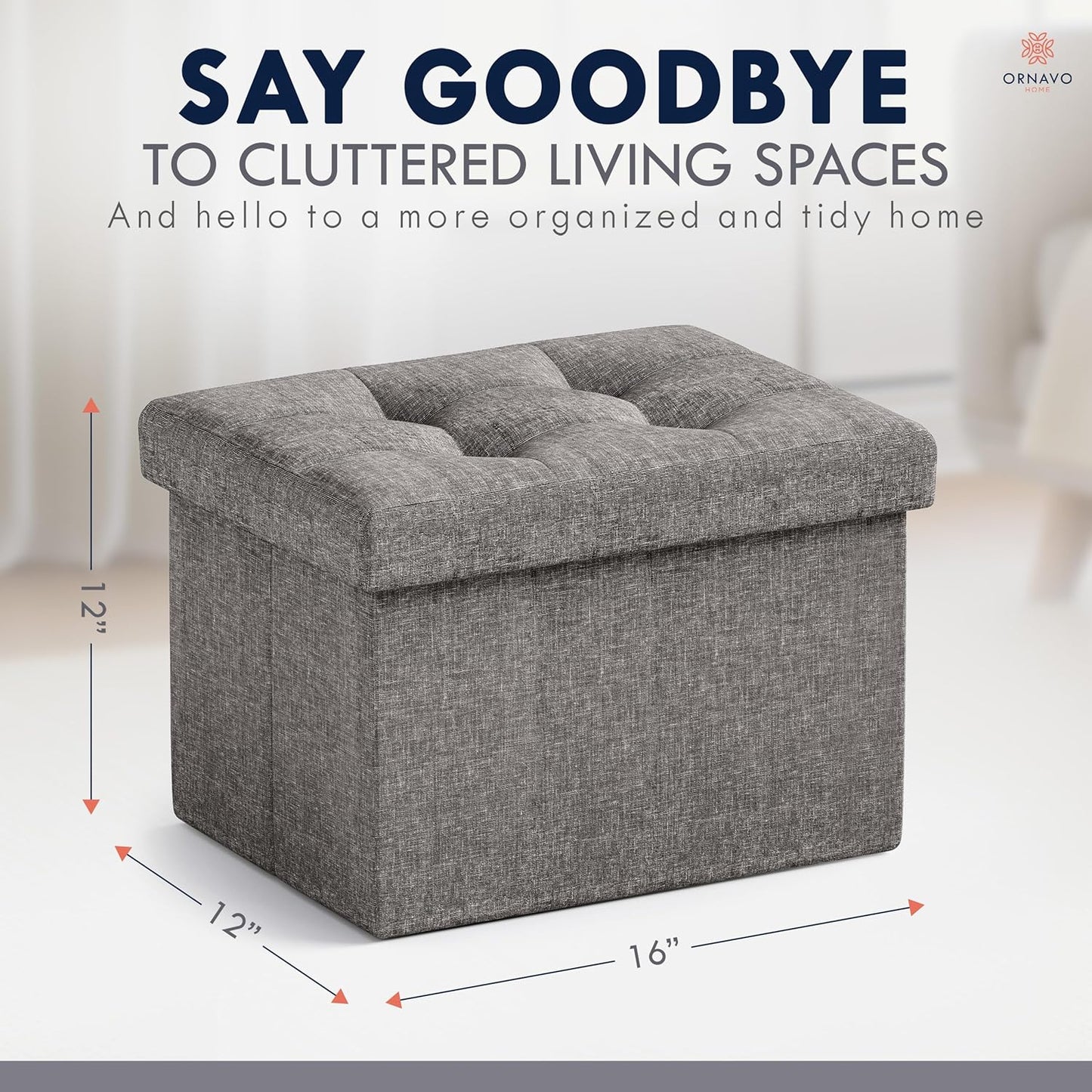 Ornavo Home Small Storage Ottoman Foldable Collapsible Rectangle Linen Ottoman Foot Rest Stool Seat, for Living Room, Bedroom, Home Office, Dorm - 12 x 16 x 12, Dark Gray