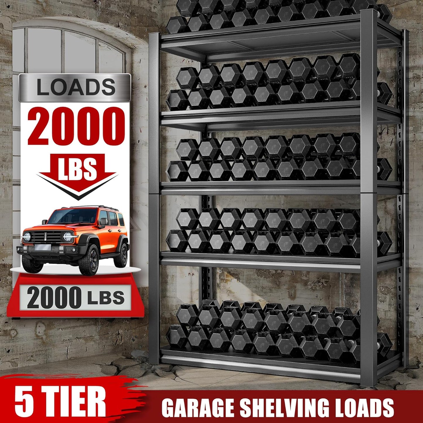 Raybee Storage Shelves 2000LBS Garage Shelving Heavy Duty, 5-Tier Adjustable Garage Shelves, Metal Shelving for Garage, Basement, Warehouse, Pantry, 72" H x 31.5" W x 16.5" D, Black