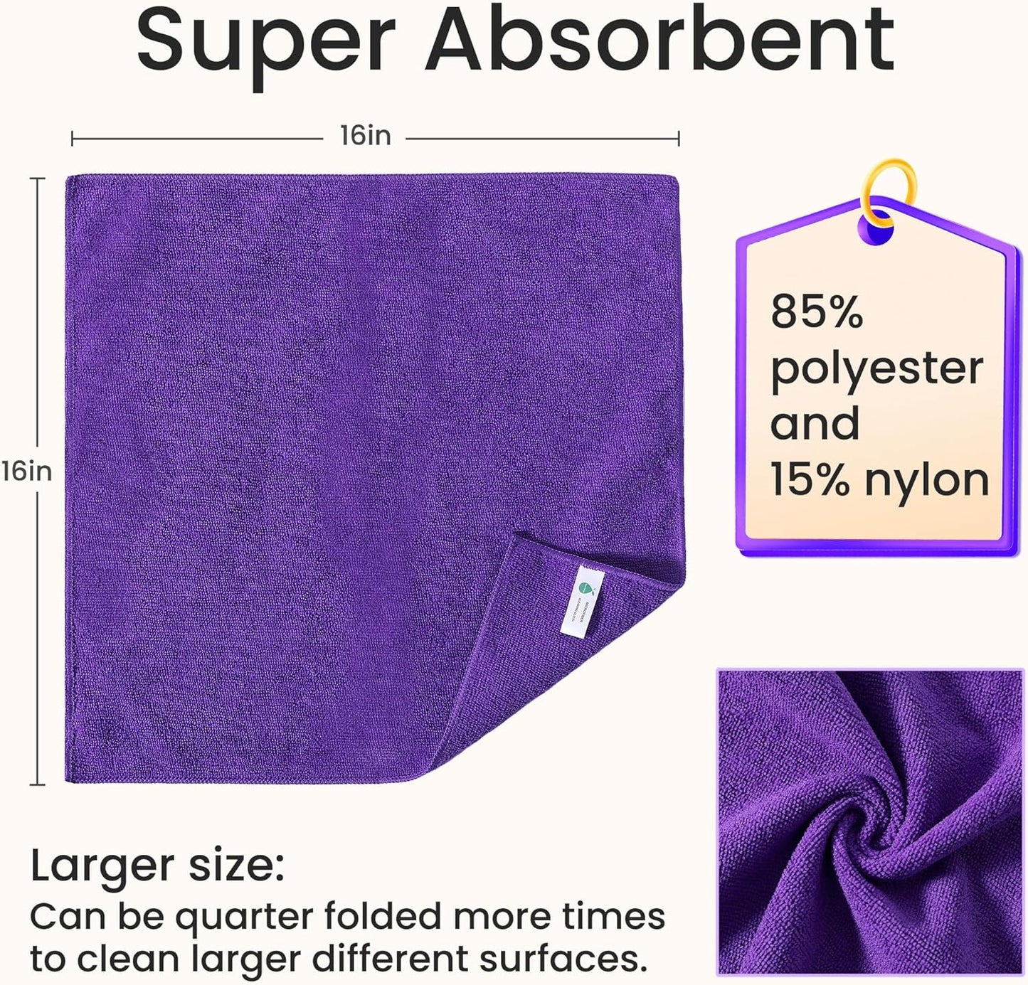 Microfiber Cleaning Cloths-12 Pack,Microfiber Towels for Cars & Kitchen,Highly Absorbent Cleaning Towel,Lint Free Streak Free Rags for House,Window,Purple,Green,Blue(16"x16")