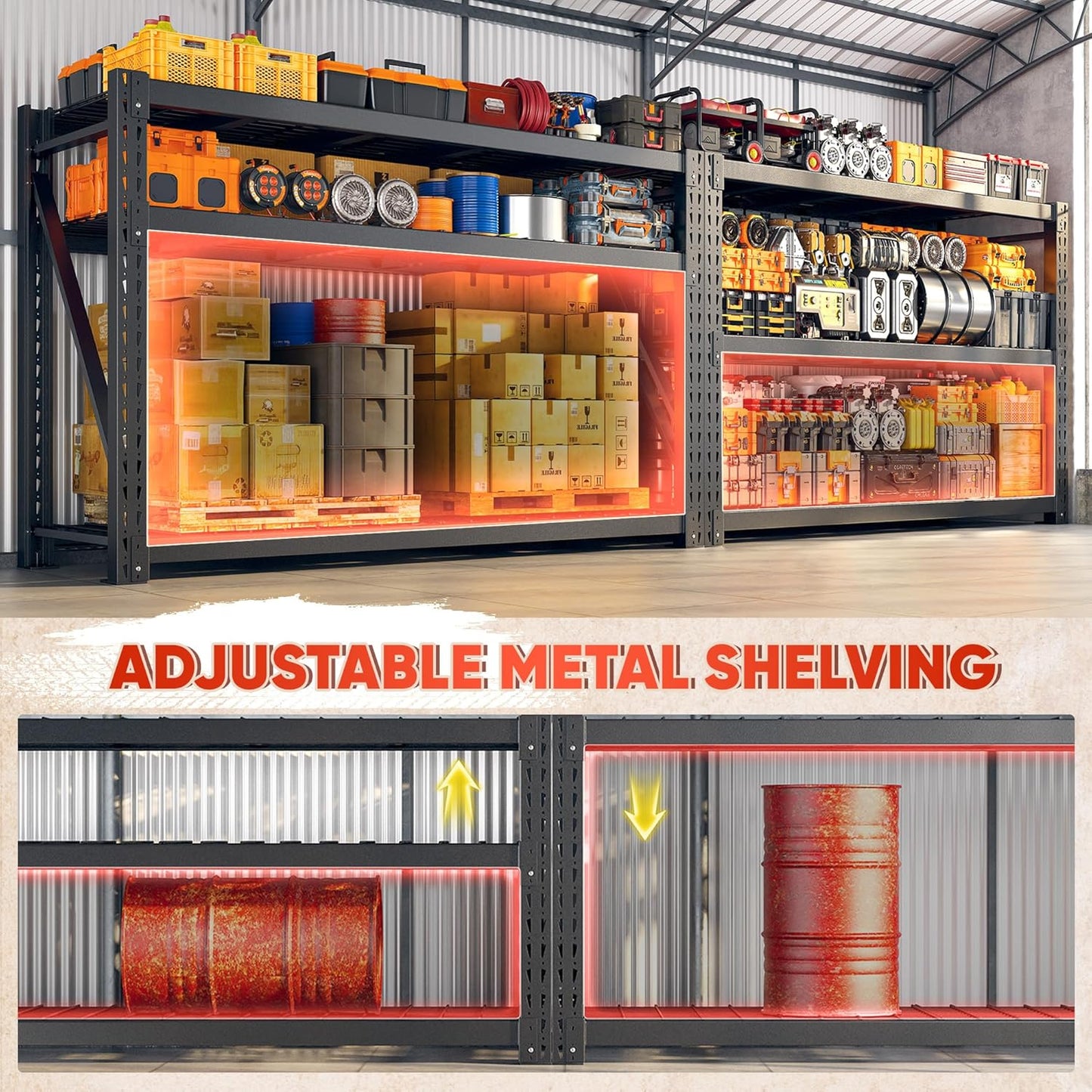 Bepatio 7050LBS Garage Shelving Heavy Duty 67.6W Storage Shelves Adjustable Metal Shelving 3 Tier Utility Shelf for Warehouse Basement Shop, Black 67.6''Wx23.7''Dx66''H