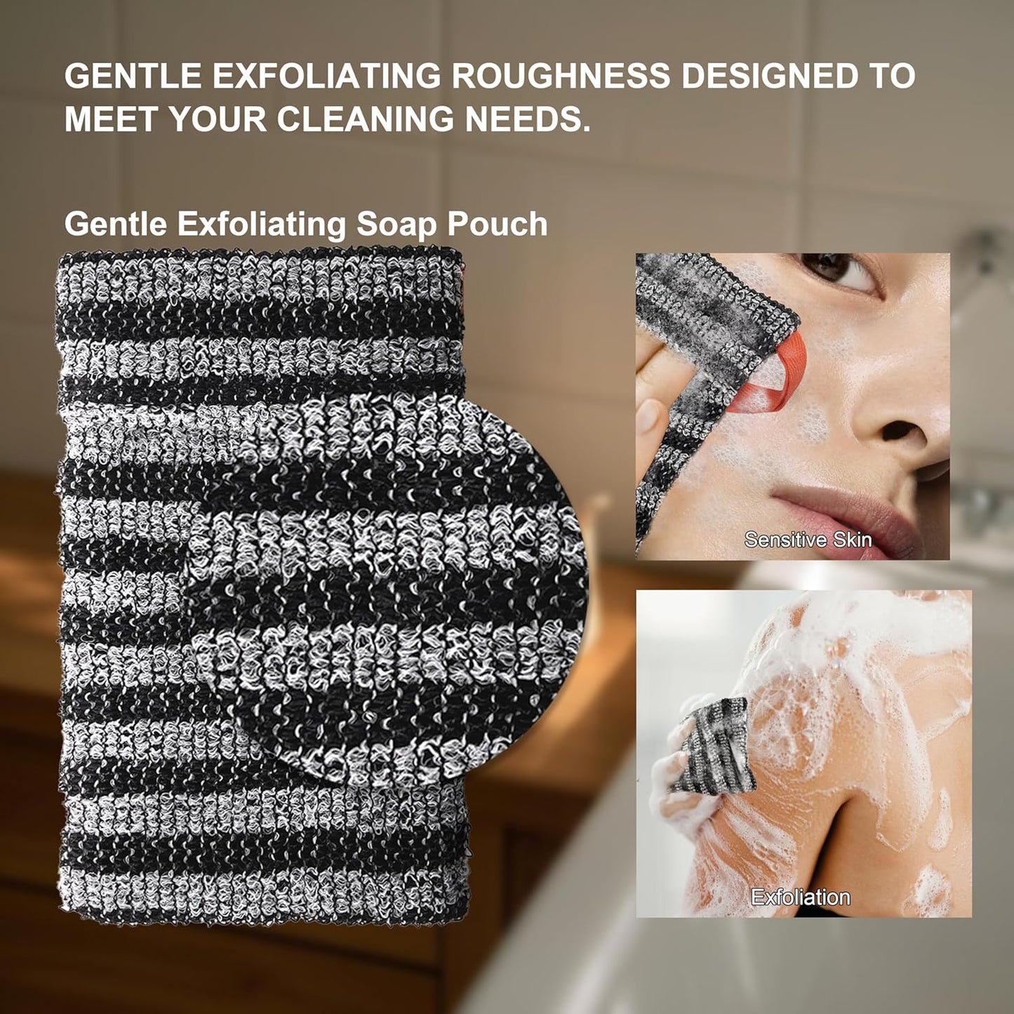 2 Pack Soap Bag Gentle Roughness,Bar Soap Pouch Saver Pocket,Exfoliating Body Scrubber Shower Bath Sponge Loofah (Grey)