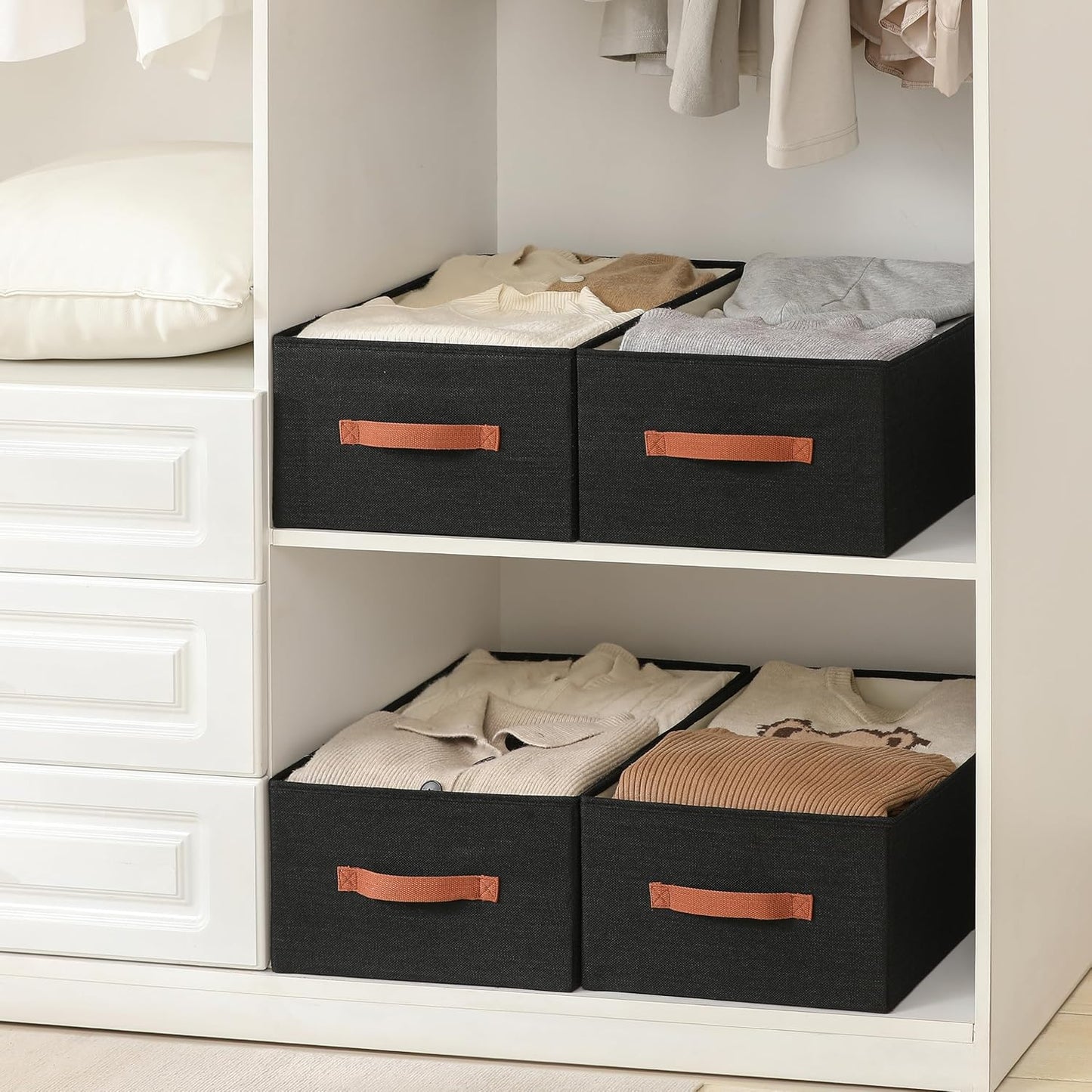 linen closet organizers and storage, 3 Pack Large Storage Baskets, Washable, Clothing Storage Bins with Handle, Closet Organizer for Storage Sweater,Sheets (Black, 18½"x13½"x8½")