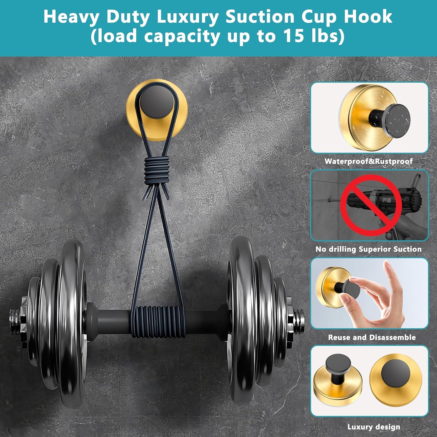 Suction Cup Hooks for Shower,Wreath Hanger for Front Door,Removable No Drill Towel Loofah Hooks,Upgraded 15 lbs Strong Suction for Bathroom,Wall,Glass,Stainless Waterproof-Black Gold 4 Pcs