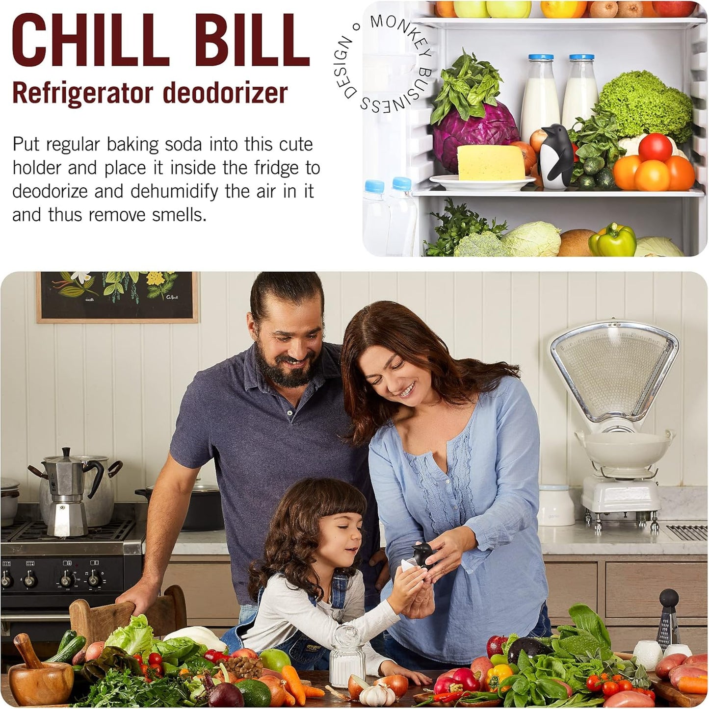Monkey Business Chill Bill Refrigerator Deodorizer, Baking Soda Container, Baking Soda Fridge, Baking Soda Fridge Deodorizer, Cute Gifts, Kitchen Gadgets