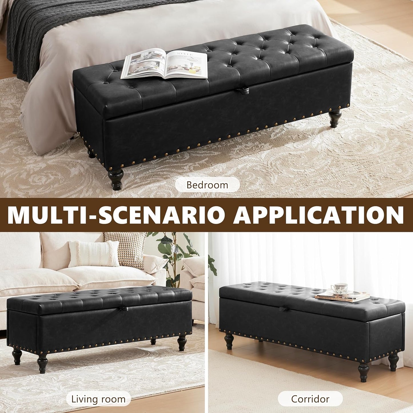 50" Storage Ottoman Bench, Tufted Ottoman with Storage for Living Room, Large End of Bed Ottomans, Modern Entryway Benchs, Window & Bedroom Benches for Foot of Bed (Black)