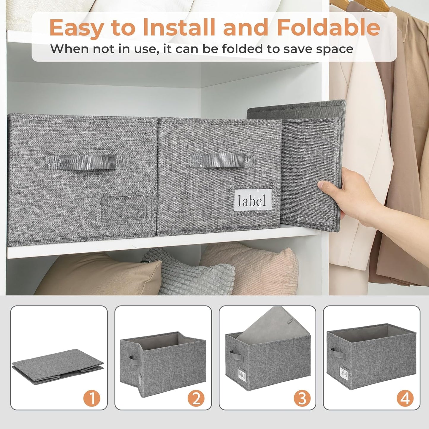 GRANNY SAYS Storage Bins for Shelves, Closet Bins with Label Holders, Fabric Storage Bin for Bedroom, Decorative Storage Containers for Organizing Living Room, Dark Gray, 3-Pack