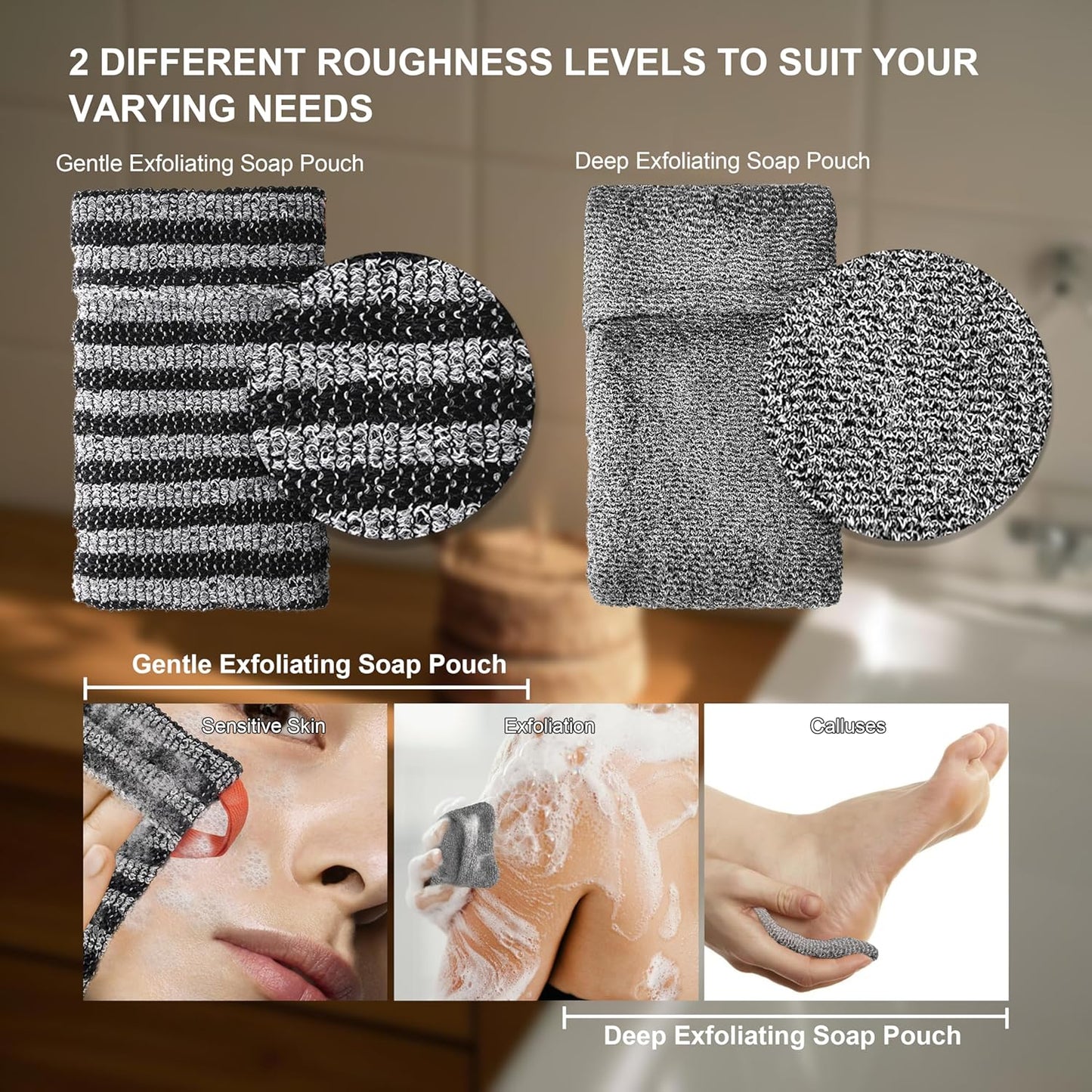 2 Pack Soap Bag Different Roughness Deep and Gentle,Bar Soap Pouch Saver Pocket,Exfoliating Body Scrubber Shower Bath Sponge Loofah (Grey)