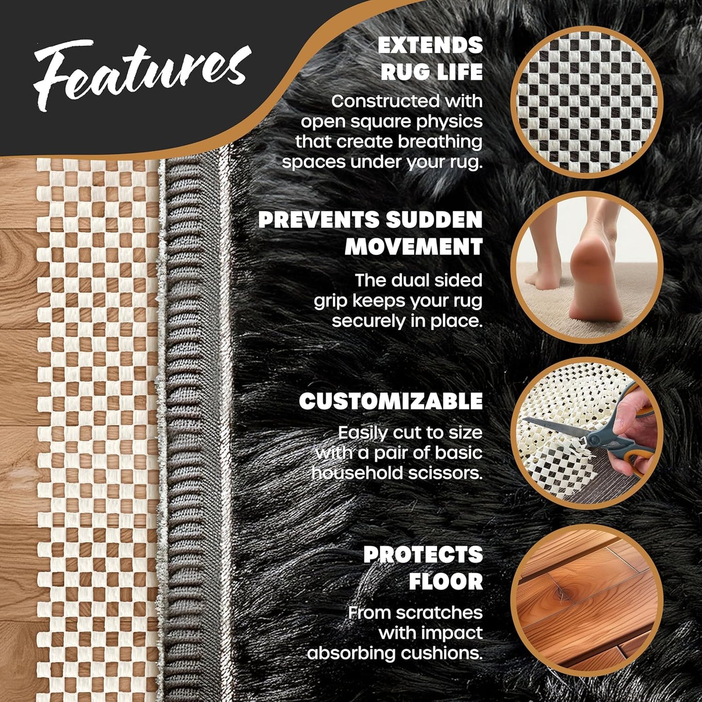 Nevlers 2 x 10 Ft Non Slip Rug Pad | Open Weave PVC Anti Skid Rug Gripper for Hardwood Floors & Other Surfaces | Non-Slip Pads for Under Rugs | Under Carpet Non Slip Pad | Customizable Carpet Gripper