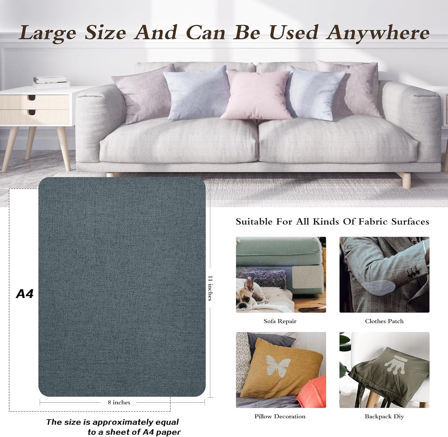 KING MOUNTAIN Coarse Linen Repair Patches, Self-Adhesive Linen Fabric Patches, 8X11 inch 2 PCS, Multi Color, Can be Used for Linen Sofa Repair and Linen Clothes Repair(8" x 11"-2PCS,Blue Dark Grey)