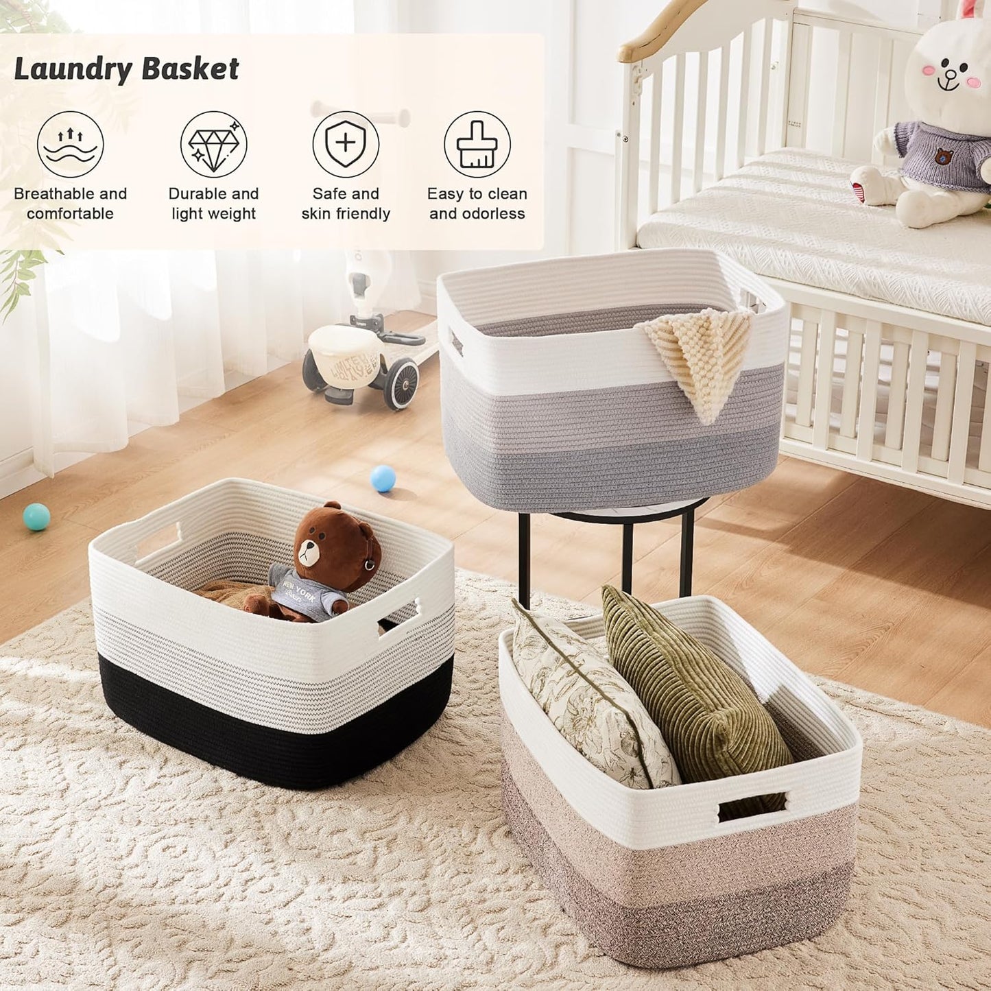 Blanket Basket,Rectangle Woven Baskets for Storage,100L Laundry Basket for Decorative Nursery Blanket,Toys,Dirty Clothes and Magazine in Shelves,Baby Room,and Living Room