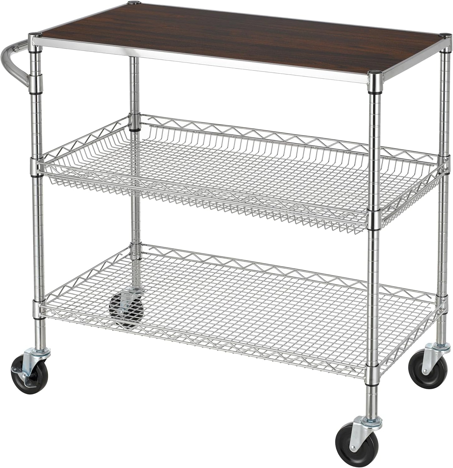 Finnhomy 3 Tier Heavy Duty Commercial Grade Utility Cart with Wood Top, Wire Rolling Cart with Wheels and Handle Bar, Kitchen Carts on Wheels, 18x36x35.4 H Metal Cart with 600 LBS Capacity, Chrome
