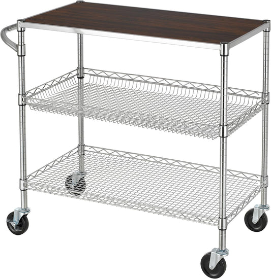 Finnhomy 3 Tier Heavy Duty Commercial Grade Utility Cart with Wood Top, Wire Rolling Cart with Wheels and Handle Bar, Kitchen Carts on Wheels, 18x36x35.4 H Metal Cart with 600 LBS Capacity, Chrome