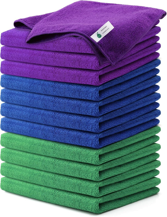 Microfiber Cleaning Cloths-12 Pack,Microfiber Towels for Cars & Kitchen,Highly Absorbent Cleaning Towel,Lint Free Streak Free Rags for House,Window,Purple,Green,Blue(16"x16")
