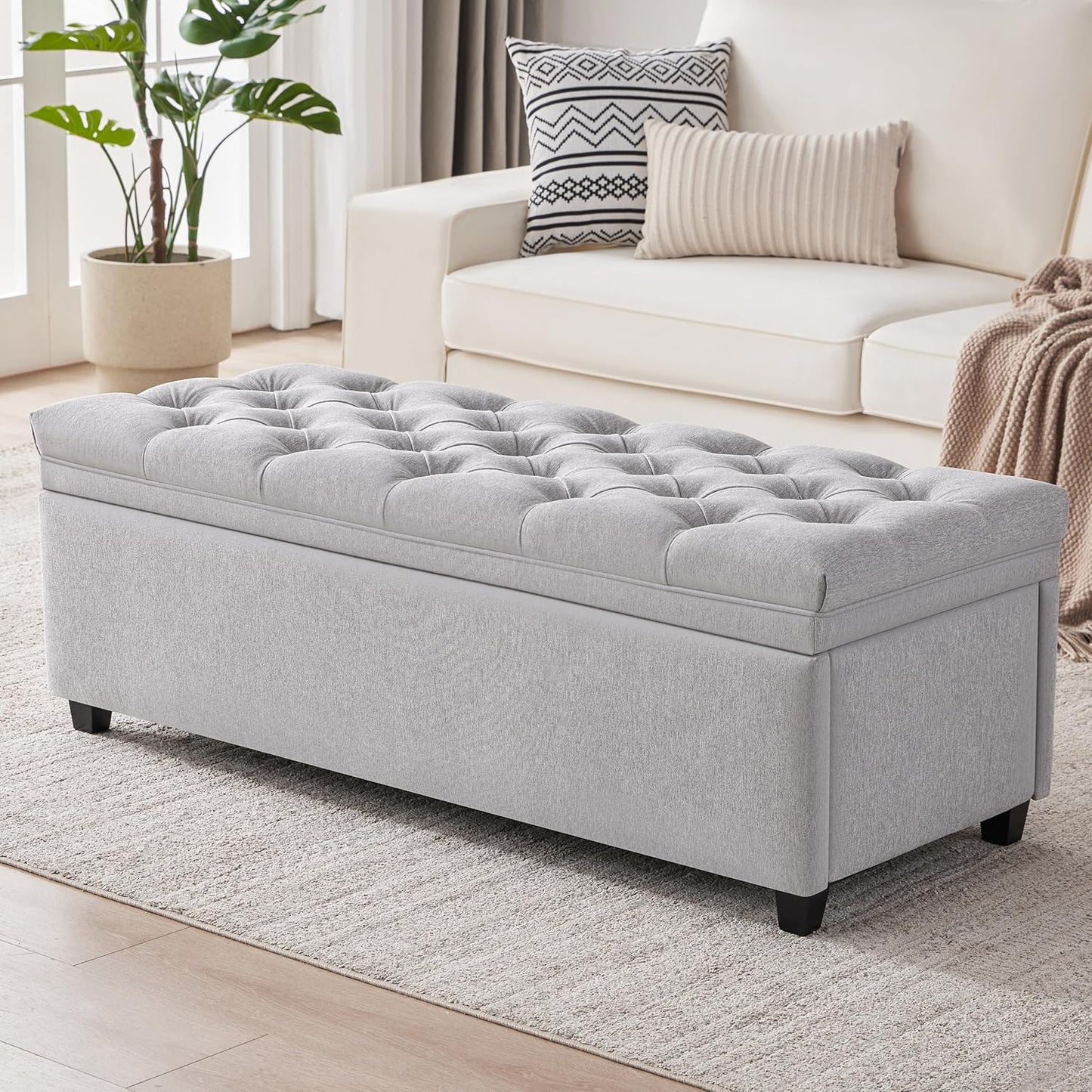 50" Storage Ottoman Bench, Tufted Ottoman with Storage for Living Room, Large End of Bed Ottomans, Modern Entryway Benchs, Window & Bedroom Benches for Foot of Bed (LightGray)